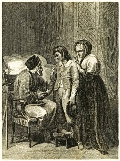 Robinson Crusoe frontispiece illustration showing Crusoe taking leave of his Father and Mother. From The Life and Strange Surprising Adventures of Robinson Crusoe, or York, Mariner by Daniel Defoe by Thomas Stothard